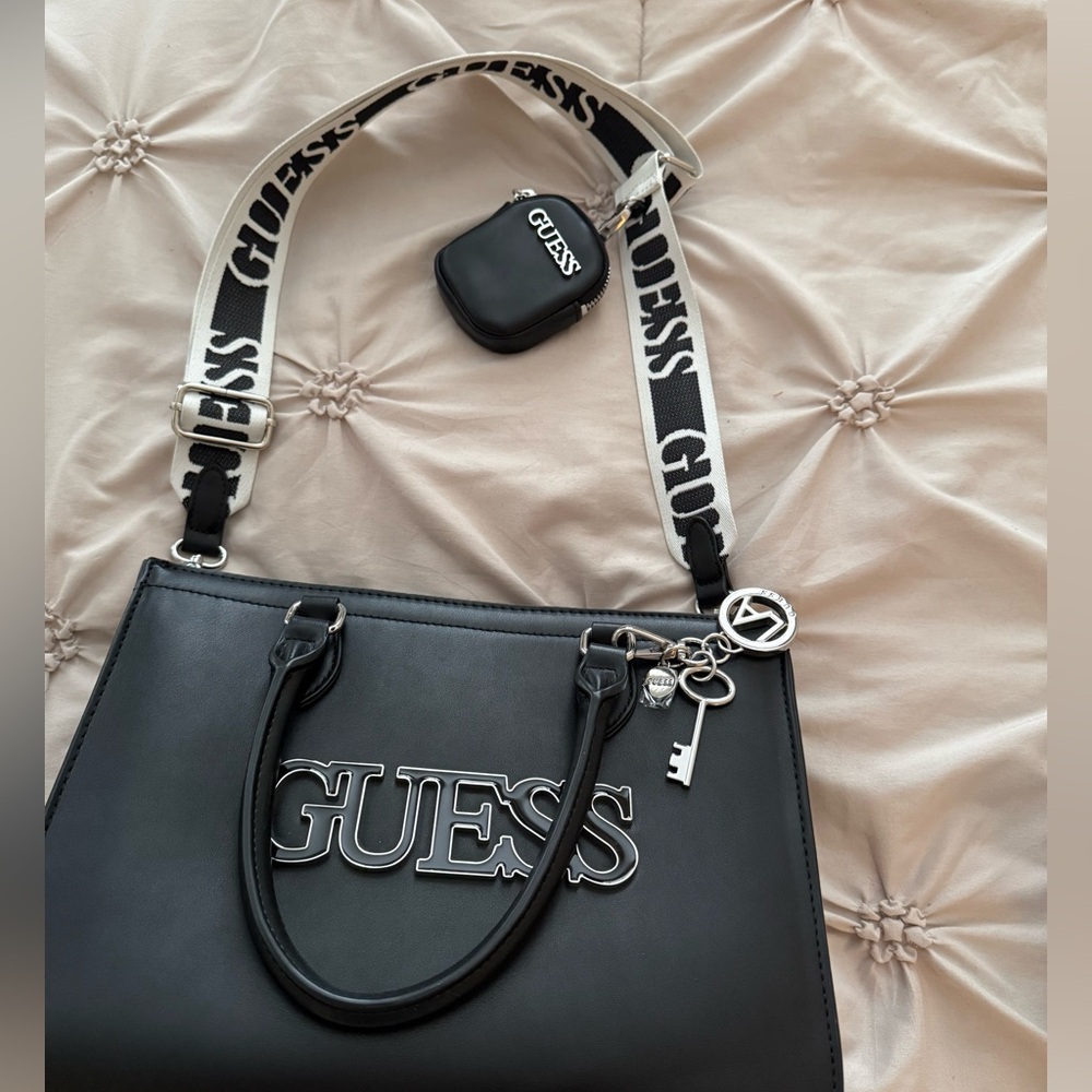 GUESS Black Tote with Logo Strap and Charms